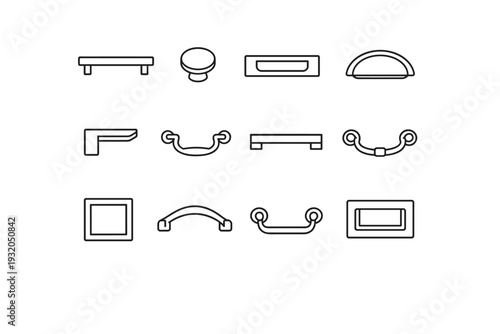 Drawer Handle. Line icon set of Drawer Handle: bar drawer handle, round knob handle, recessed pull handle, cup pull handle, edge finger pull, classic bail