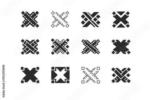 patterned textiles. Icon set. Set Logo of patterned textiles: decorative stitch pattern. harmonious logo variations of the same emblematic concept, each with