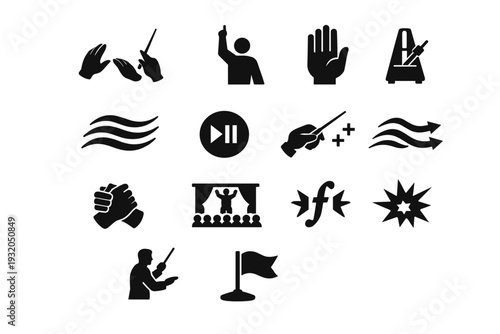 Music performance direction. Solid icon set of Music performance direction: conducting cue hands, start performance signal, stop cut-off gesture, tempo change