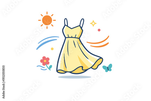 Light spring clothing fresh fashion moment with a light dress as the focal element, accompanied by subtle sun icons and soft curves that communicate warmth,