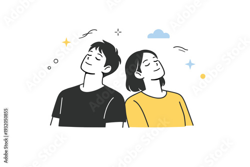 People leaning heads back. Two people sit side by side, both leaning their heads back slightly in quiet rest. Shared pause and relief, calm synchronization