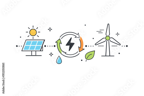 Clean energy concept icons. Abstract solar and wind symbols connected with lines and dots, showing energy circulation. Calm innovation mood and sustainable