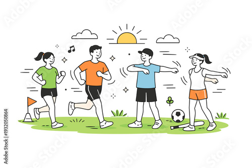 Warm-up routines for spring sports. Early outdoor warm-up with athletes doing light jogging and arm swings on grass, fresh spring air and relaxed preparation