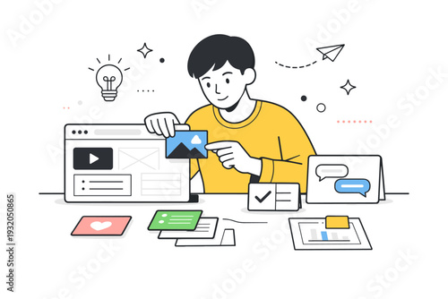 Prototype creation. A person building a simple mockup with cards, screens, and basic interface elements. Scene shows turning ideas into tangible concepts with