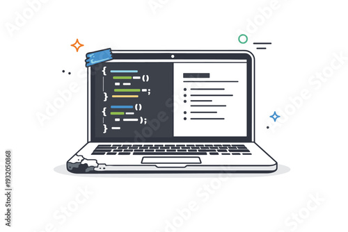 Cracked but working tech. Close-up of a laptop with a chipped corner and taped edge, still running code or documents. Functional wear and quiet persistence.