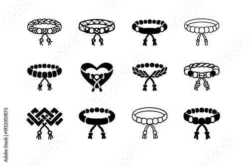 Friendship bracelet making. Icon set. Set Logo of Friendship bracelet making: bead and thread bracelet. harmonious logo variations of the same emblematic