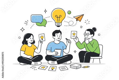 Ideation phase. A small team brainstorming with idea cards, lightbulb icons, and abstract shapes floating around. Scene conveys openness, creativity, and