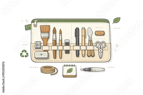 Zero-waste artist toolkit. A reusable pouch with natural brushes, refillable pens, and compact tools organized neatly, promoting long-term use. Clear
