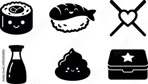 Flat design kawaii sushi icon set with smiling maki roll nigiri soy sauce bottle wasabi bento box minimal clean layout