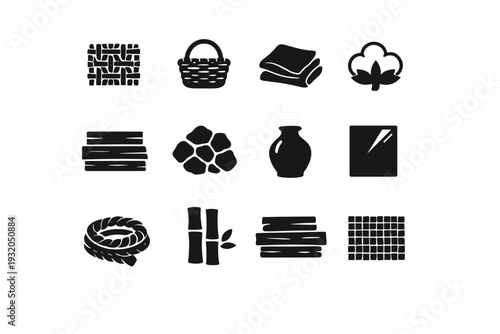 Coastal Materials. Solid icon set of Coastal Materials: rattan texture, wicker basket, linen fabric, cotton textile, whitewashed wood, natural stone, ceramic