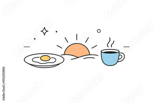 Sunrise breakfasts outdoors. Abstract breakfast setup with a plate, cup, and rising sun symbolizing a fresh new day. Minimal shapes and open space emphasize