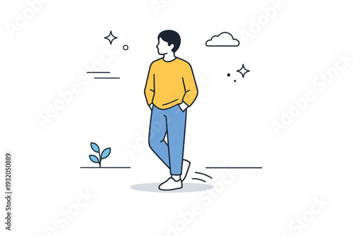 Still pause in motion. A figure stands in the middle of a room or path, as if caught in a break from walking, gently observing or thinking of nothing. The mood