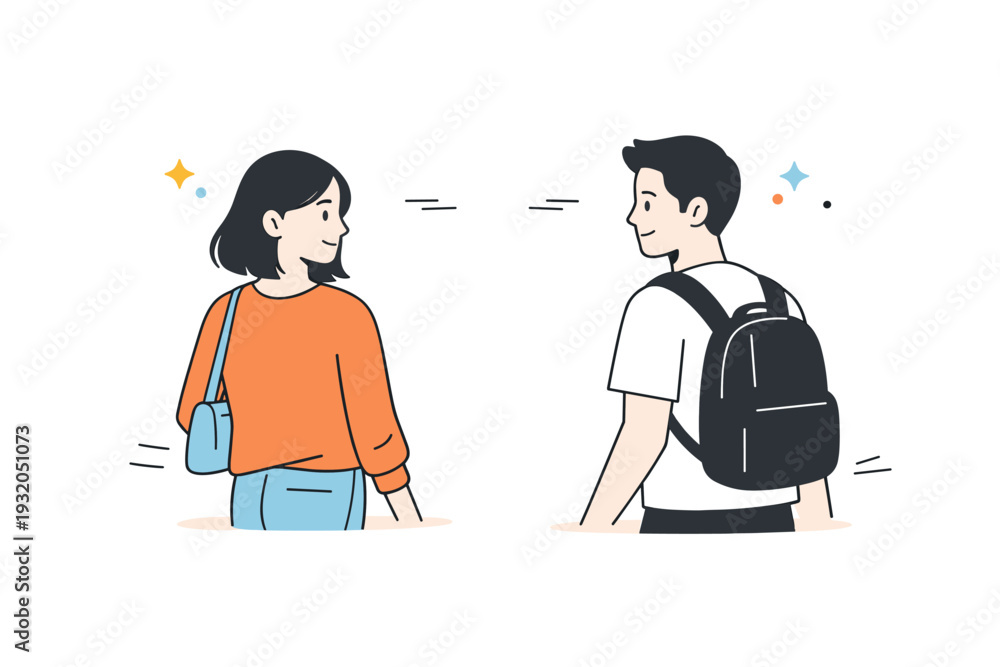 Obraz premium Strangers brief eye contact. Two people pass each other and share a short, quiet glance before looking away. The moment feels subtle and human, capturing