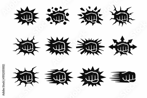 Walls with fists dents. Solid icon set of Walls with fists dents: impact shockwave, debris fragments, flying chips, crack expansion, stress points, pressure