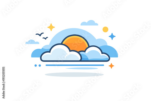 Skies a calm blue sky with soft clouds and gentle light gradients, conveying openness, clarity, and a peaceful everyday atmosphere. Minimalist flat vector