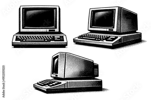 Vintage computer ? early personal computer with boxy monitor, integrated keyboard, and realistic mechanical proportions. Black and white dot style with