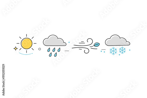 Seasonal weather changes. Simple icons of sun, rain, wind, and snow appear in a smooth horizontal flow, suggesting the cycle of seasons. The illustration feels