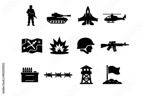 Battlefield. Solid icon set of Battlefield: soldier silhouette, tank vehicle, fighter jet, helicopter, battlefield map, explosion blast, military helmet,