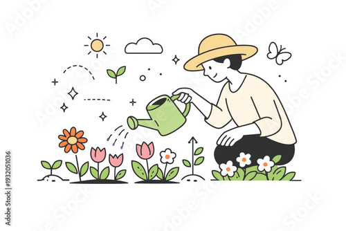 Spring gardening. A person gently watering blooming plants with a watering can. Calm care, routine and connection with nature, with simple plant icons and