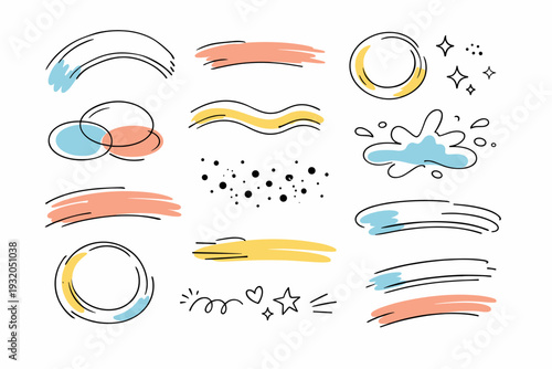 Decorative brush marks set. Rounded brush strokes and subtle splashes forming a cohesive abstract pack. Friendly creative mood without rough or aggressive