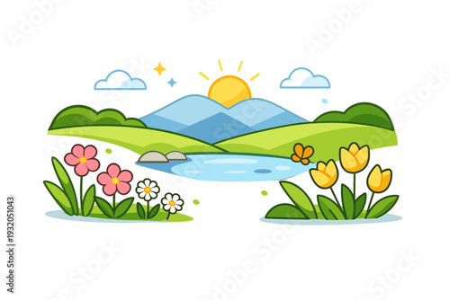Spring nature background fresh landscape with blooming plants, soft hills and gentle sunlight, creating a calm and optimistic seasonal atmosphere. Minimalist