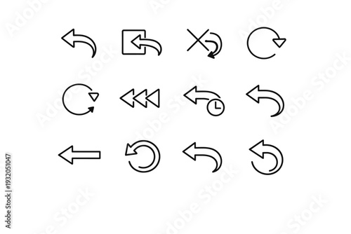 Undo Action. Line icon set of Undo Action: undo arrow, reverse step, cancel action, rollback symbol, rewind icon, action history, revert change, undo button,