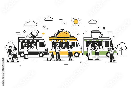 Spring food truck festivals. A lively outdoor scene with colorful food trucks lined up in a park, people ordering street food, light spring air and friendly