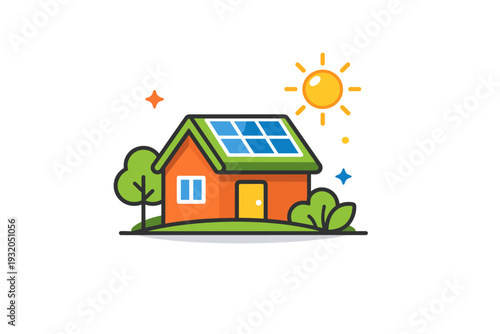 Solar power solutions focused on eco-friendly homes with a small house topped by solar panels and a bright sun icon, conveying energy independence