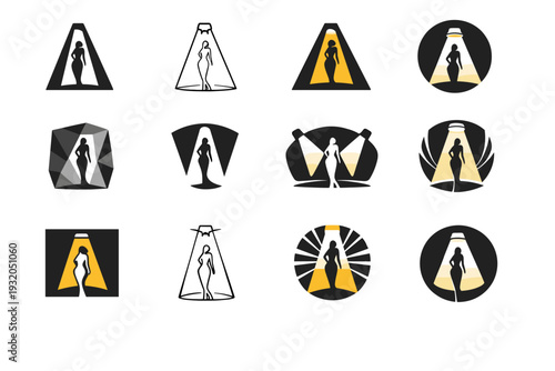 Fashion photography with dramatic lighting. Icon set. Set Logo of Fashion photography with dramatic lighting: spotlight on model. harmonious logo variations of