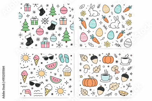 Modern seasonal pattern collection. Abstract holiday symbols repeated in tiles, showing variation and consistency across patterns. The scene feels organized,