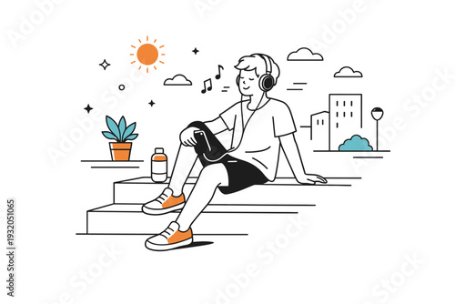 Summer music listening outdoors. Person sitting on outdoor steps listening to music, warm evening light and relaxed pose. Urban summer calm with a quiet,