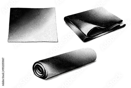 Fabric pattern ? halftone dotted cotton weave. A realistic cotton fabric swatch shown as a single object in three different views including flat, folded, and