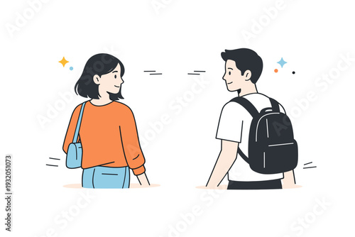 Strangers brief eye contact. Two people pass each other and share a short, quiet glance before looking away. The moment feels subtle and human, capturing