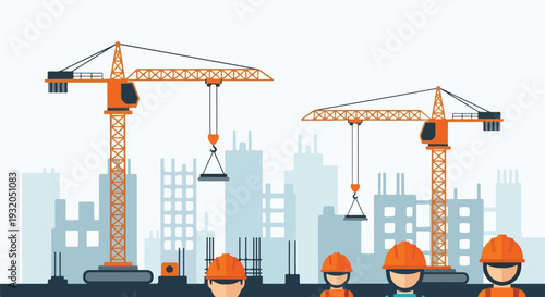 A vibrant illustration depicts a busy construction site with two orange tower cranes lifting materials, several workers in hard hats, and a backdrop of city buildings.