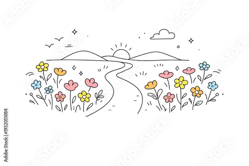 Wildflower field path. A peaceful scene showing a narrow path passing through blooming wildflowers. Calm journey, openness and slow living mood, with simple