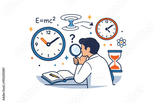 Time travel concept a scientist observing floating clocks and formulas, expressing analysis, curiosity, and the limits of scientific understanding. A compact