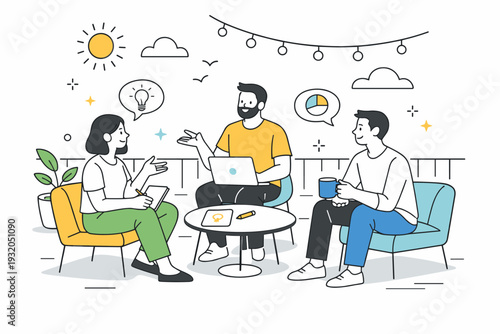 Summer coworking terraces. Small group discussing ideas on a sunny rooftop workspace, relaxed body language. Creative exchange in an open-air environment.