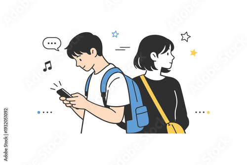 Avoided eye contact moments. A person looks down at a phone while standing close to someone else, both faces turned away. Comfortable awkwardness in a shared