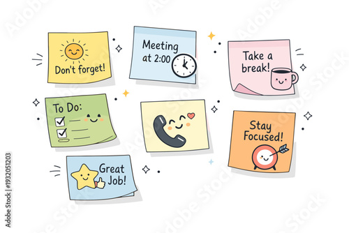 Cute office notes. Sticky notes with small icons and simple smiles, gently floating around a workspace scene. Friendly reminders and lighthearted productivity