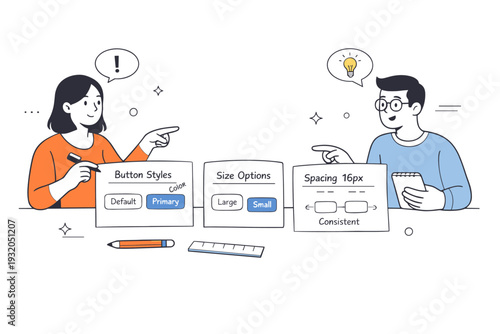Buttons and UI elements. Two designers discuss button styles and spacing using simple cards and annotations. Collaborative UI decision-making and design
