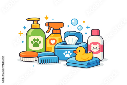 Pet care products shown as a playful yet organized composition of hygiene essentials that highlights cleanliness, comfort and gentle care. The mood is friendly