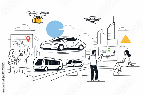 Future of Transportation. Sleek electric cars gliding above smart roads, autonomous buses syncing in motion, drones crossing the sky between minimal