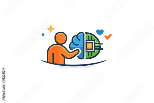 Responsible AI values symbolized by a human figure and a simple geometric brain or chip in harmony, representing alignment between innovation, ethics, and