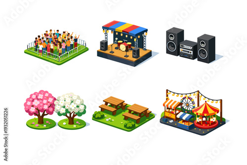 Festival atmosphere. Isometric flat vector icons set of Festival atmosphere: crowd gathering area, outdoor stage platform, live music speakers, spring trees
