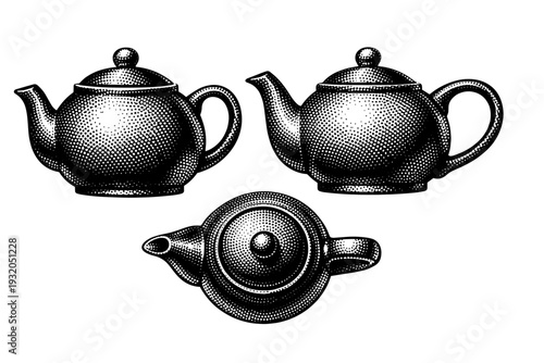 Teapot presented as a single object shown in front view, side view, and top view with realistic proportions and detailed spout, handle, and lid structure.