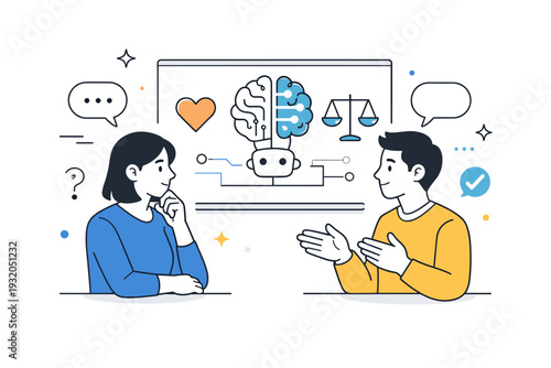 AI ethics and emotional concern. Two people discussing in front of a screen with abstract AI shapes, showing careful dialogue and reflection. Calm