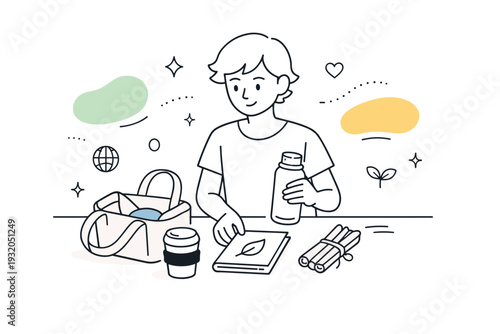 Eco-friendly lifestyle. A calm editorial scene showing a person organizing reusable items like a tote bag, bottle, and notebook on a clean desk. Mindful daily