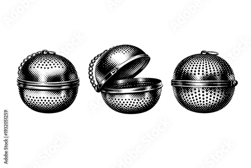 Tea infuser ball presented as a single object in closed position, slightly open position, and side profile highlighting perforated metal texture. Black and
