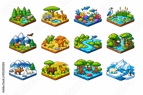 Fauna & Ecosystems. Colorful isometric vector icons set of fauna & ecosystems: forest ecosystem, savanna landscape, coral reef, wetland marsh, mountain