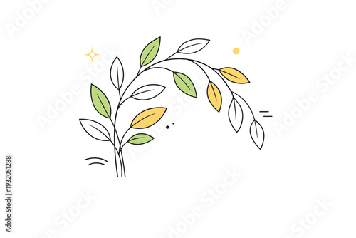 Botanical drawing. A plant with elongated leaves and delicate stems forming a subtle arch, soft floating accents around it. Calm, modern botanical study.